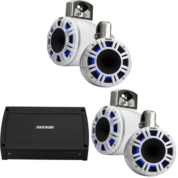 Kicker Marine 4 Ch Amp & ( 2 pair ) 6.5" LED KMXL White Tower Speaker Audio Upgrade ( 48KXMA500.4, 51KMTCXL65W)