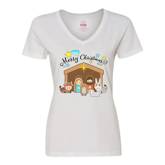 Inktastic Merry Christmas Cute Nativity Scene Women's V-Neck T-Shirt