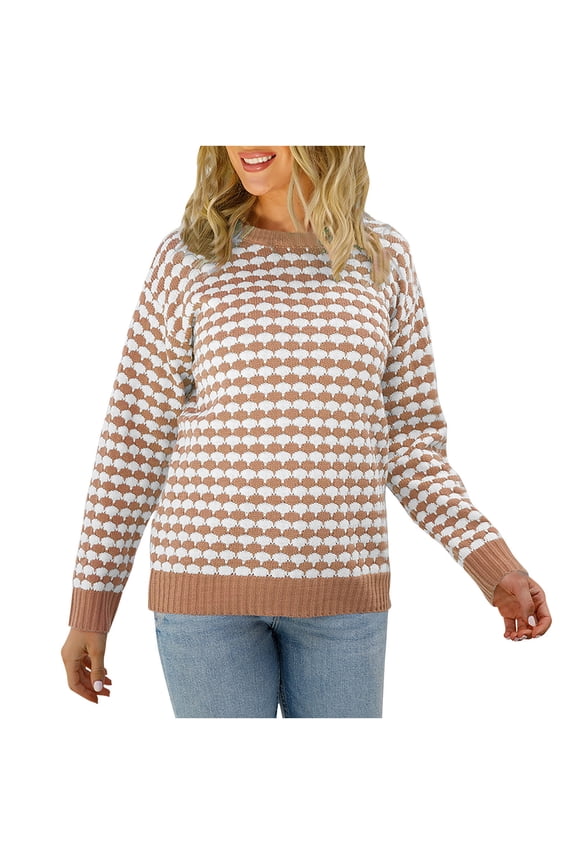 Womens Sweater Round Neckline Pullover Sweater Plaid Comfy Mid-Length Long Sleeve Top Knitting Sweater