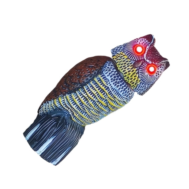 Billuyoard Búho dibujado a mano con ojos parpadeantes para evitar aves falsas, dispositivo a prueba de aves con cabeza giratoria al aire libre Jardín y Patio