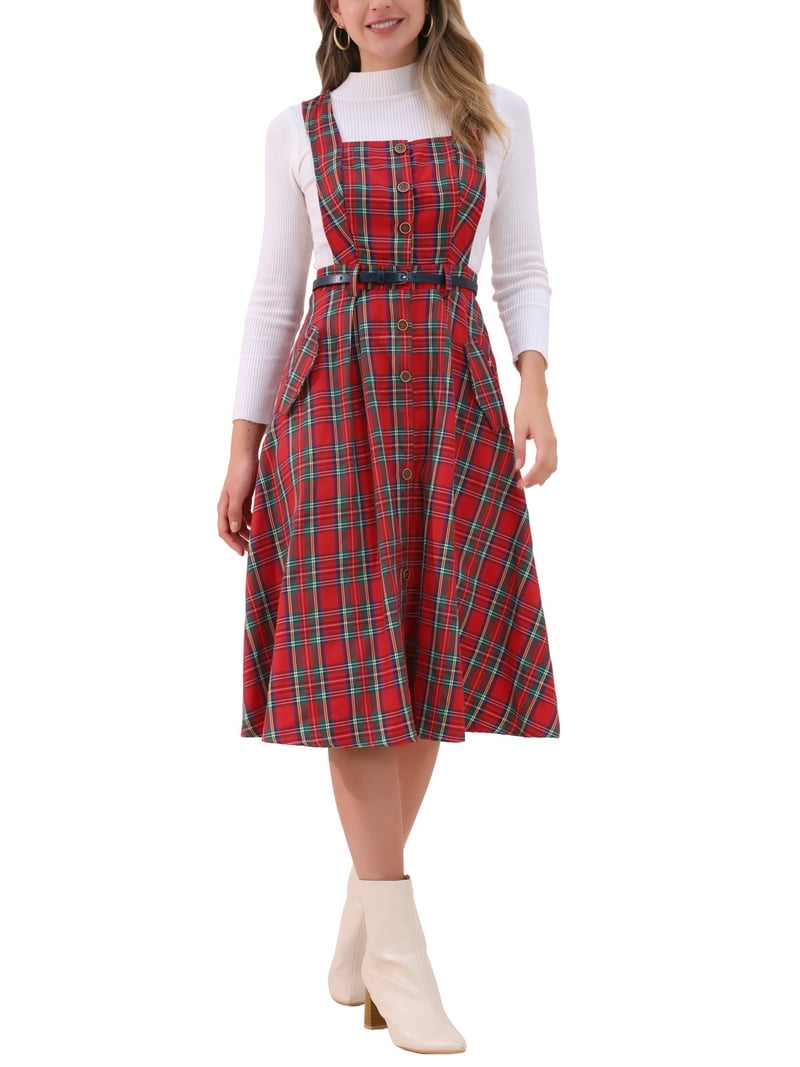 INSPIRE CHIC Plaid Overall Dress for Women's Vintage Sleeveless A-Line  Pinafore Dress M Red Green
