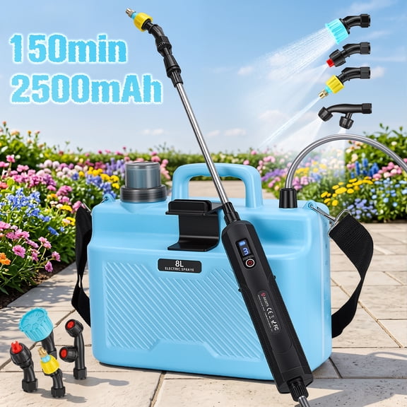 RELOIVE Battery Powered Sprayer, 2 Gallon Electric Garden Sprayer with 2.5Ah Battery, 4 Nozzles, 3 Adjustable Spray Modes, Water Pump Sprayers with Adjustable Shoulder Strap for Yard, Lawn and Garden