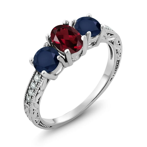 Gem Stone King 2.22 Ct Oval Red Rhodolite Garnet Blue Sapphire 925 Sterling Silver Moissanite Ring (Size 5)
