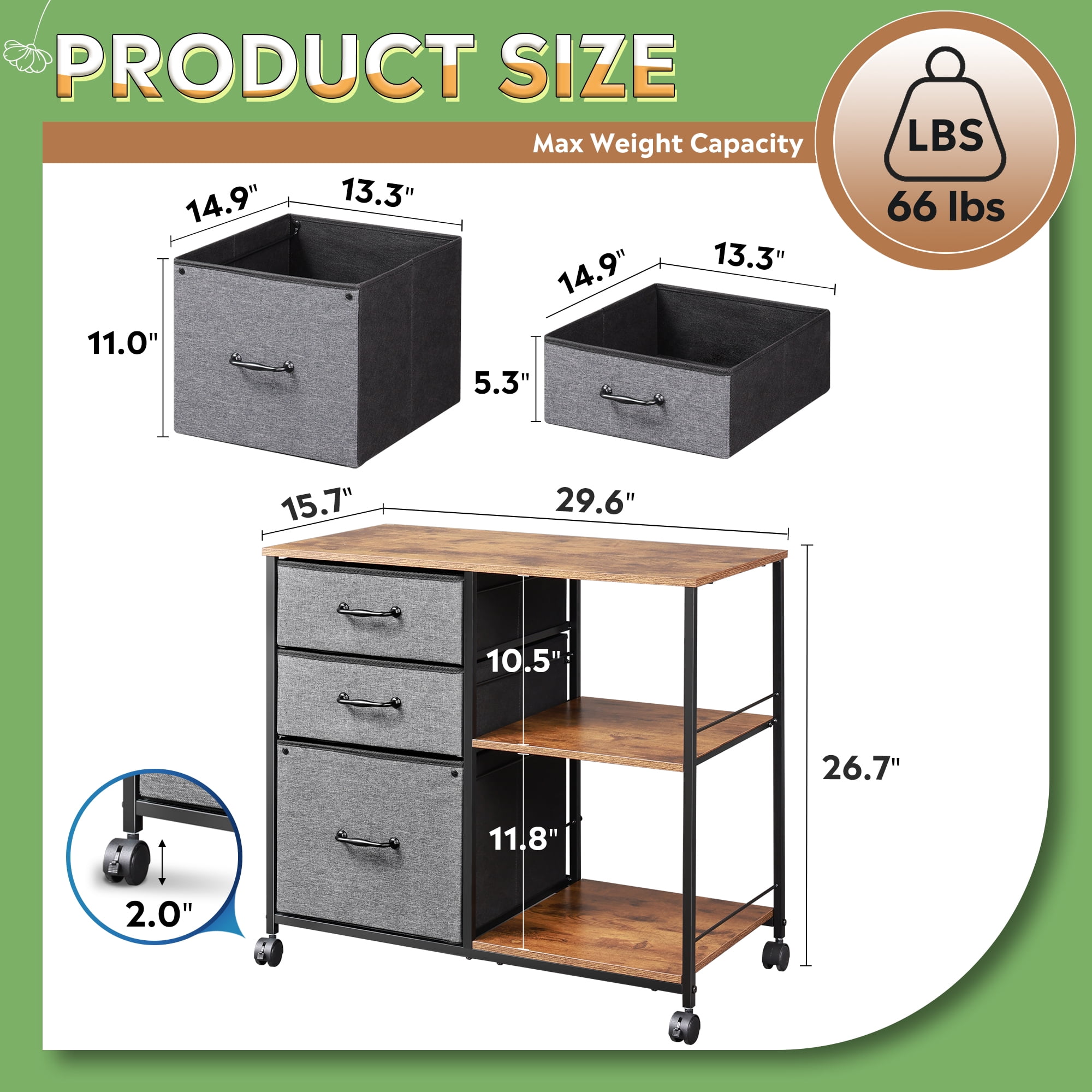 GALAXHERO 3 Drawer File Cabinet, Rolling Printer Stand with Storage, Lateral Fabric Filing Cabinet for Home Office, Fits Letter/A4, Rustic Brown