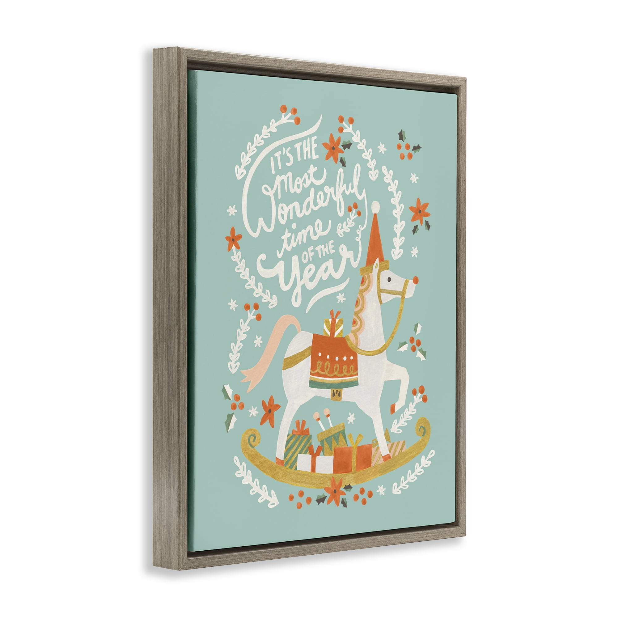 Stupell Industries Seasonal Horse & Sled Phrase Holiday Painting Brown Floater Framed Canvas Art Print Wall Art, 17 x 21