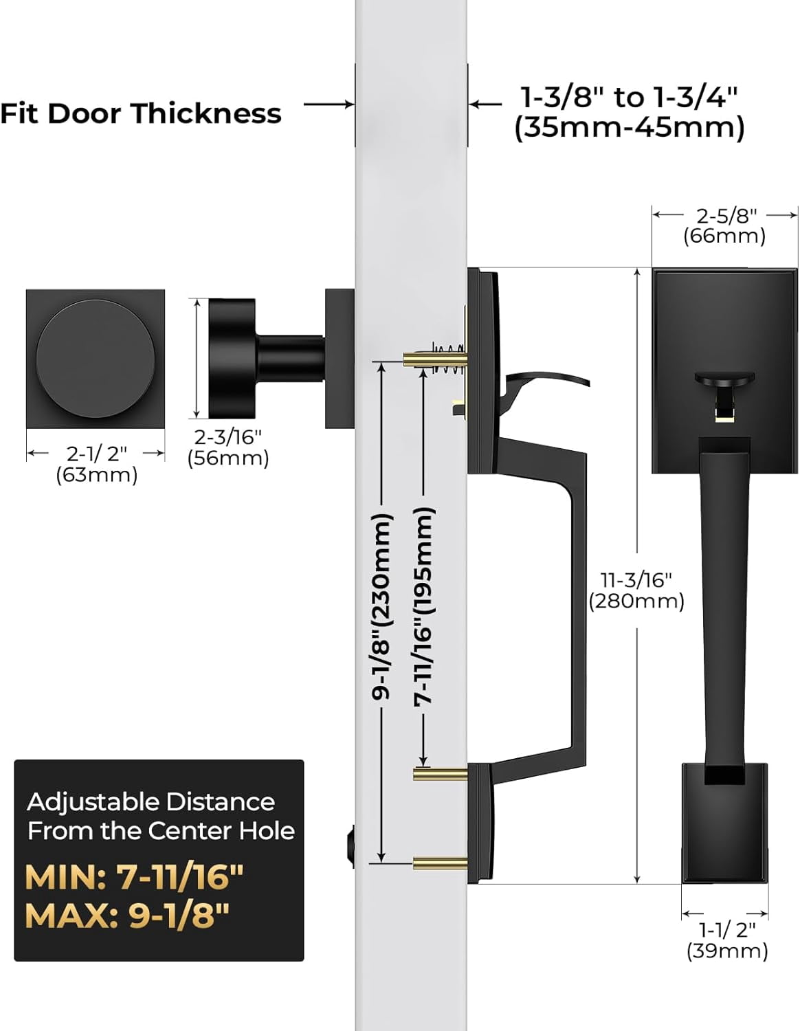 Klamerit Front Door Handle No Lock, Black Front Door Lock Set with Modern Knob, Adjustable Exterior Entry Handleset, Lower Half Grip