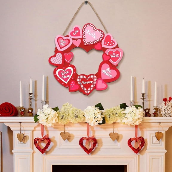 AZXY 11.8" Valentine's Day Wooden Heart Wreath - Red Pink Love-Themed Hanging Decor for Wedding Engagement Anniversary Party, Front Door Home Indoor