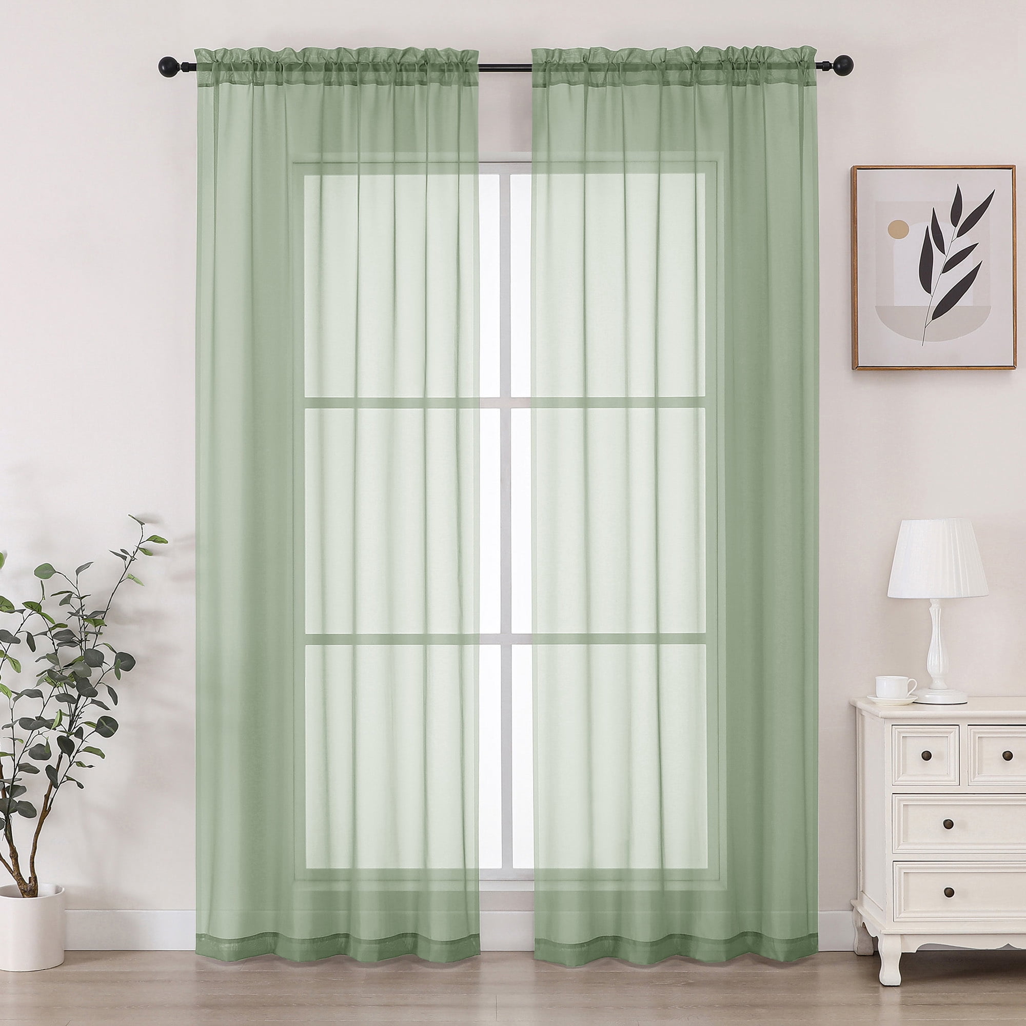 Chyhomenyc Sage Green Sheer Curtains 84 Inches Long 2 Panels Set, Light Filtering Solid Window Curtain Panels for Living Room, Rod Pocket Soft Voile Curtain Drapes for Bedroom，Each 42"Wx84"L