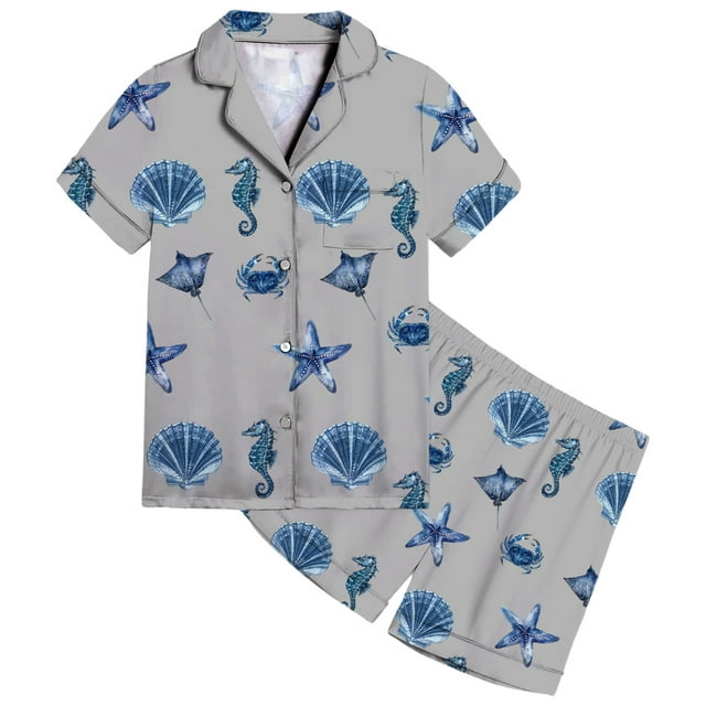 Girls Satin Pajama Set With Ocean Print Design Soft Comfortable Loungewear For Toddler To Teen Year Round Wear