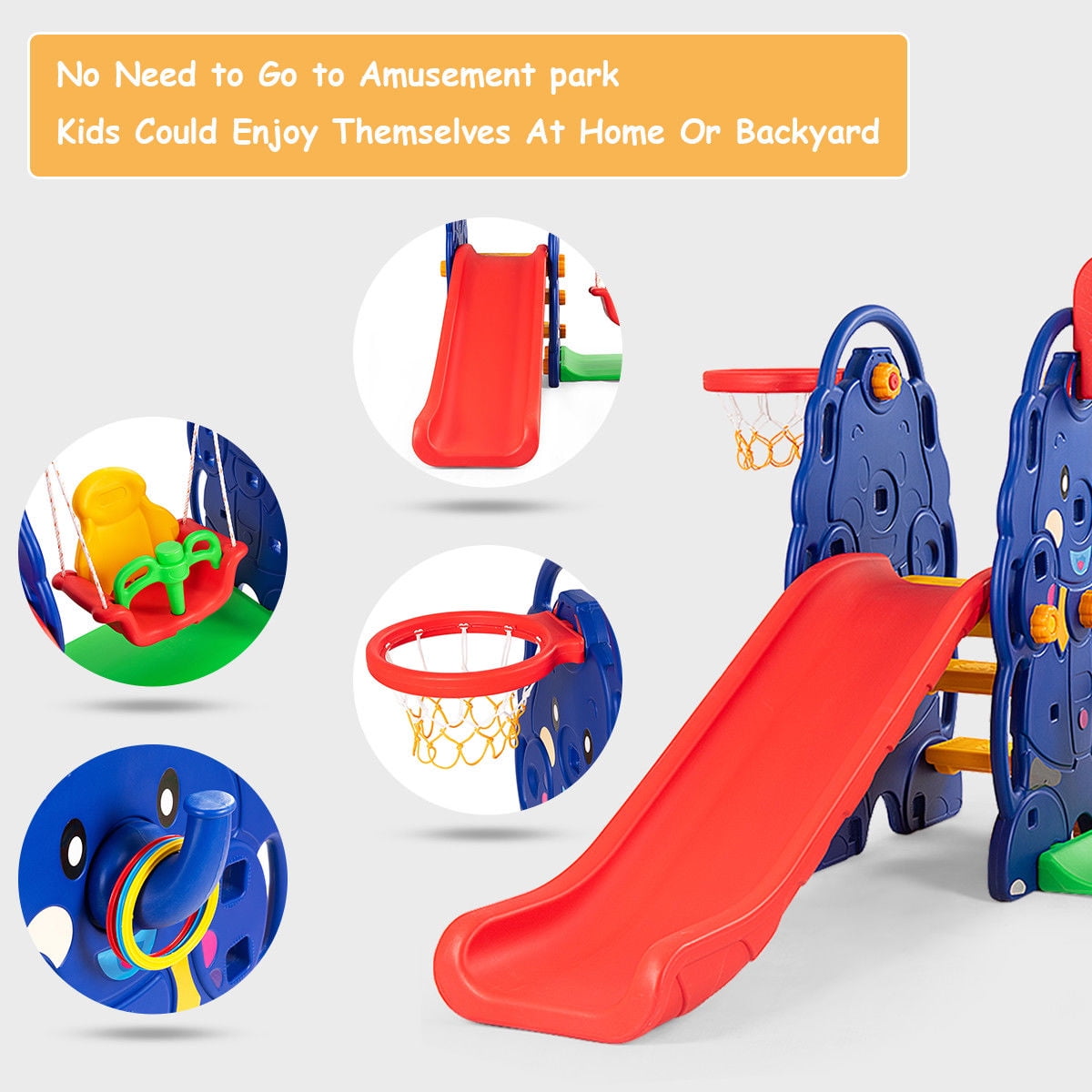 Costway 3 in 1 Junior Children Climber Slide Swing Seat Basketball Hoop Playset Backyard