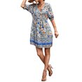 thumbnail image 3 of Txlixc - Vestido de manga corta con volantes para mujer, estampado de flores a la moda, cuello en V, cintura alta, vestido acampanado Txlixc  Moda, 3 of 7