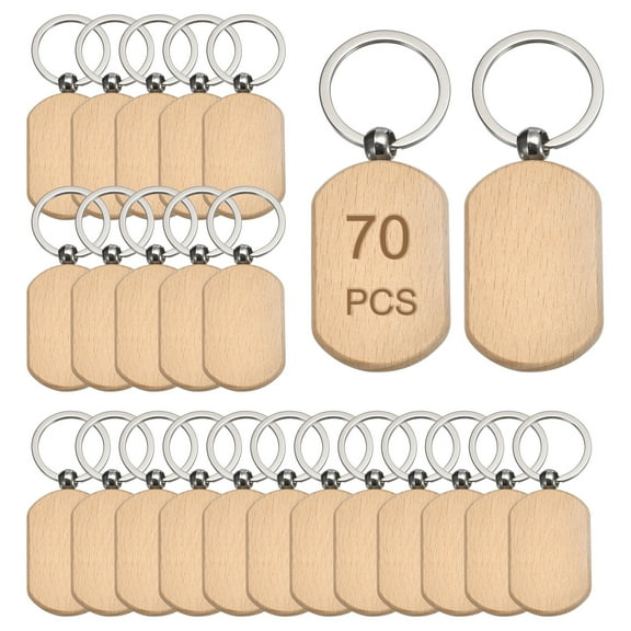 Uxcell Wood Keychain Blanks, 1.93 Inch x 1.26 Inch Wood Engraving Blanks Key Chain Tag for DIY Crafts, Pack of 70