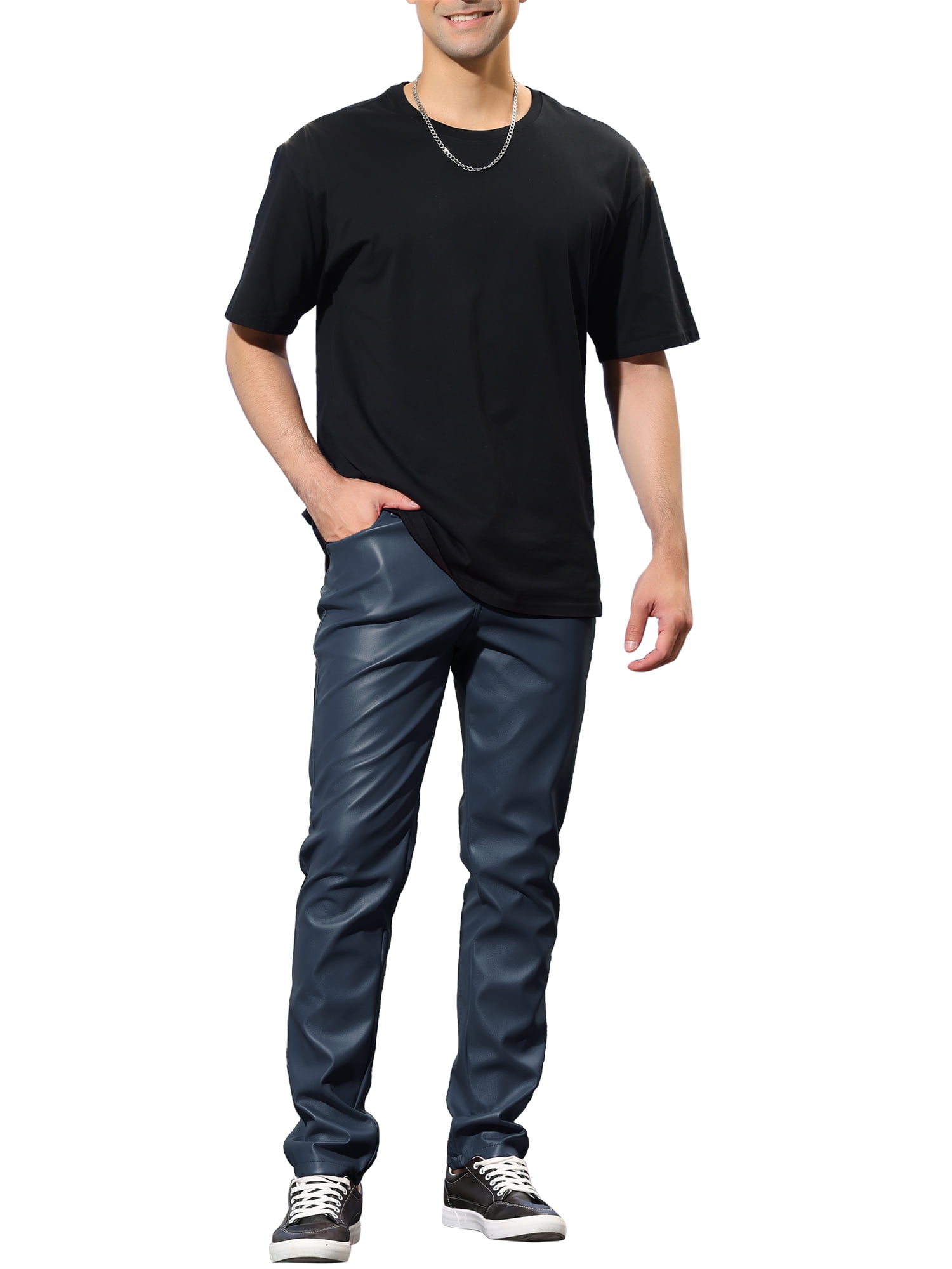 INSPIRE CHIC Men's Pants Faux Leather Slim Fit Zip-Fly Solid Pants 36 Navy Blue