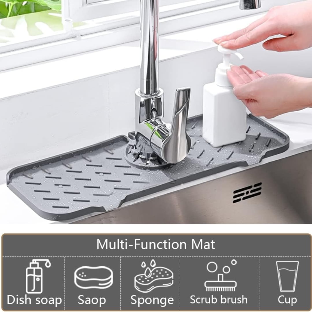 Kitchen Faucet Sink Splash Guard - Water Catcher Mat - Silicone Drying Mat  with Built-in Drain Lip - Kitchen Bathroom Sink Drain Mat - Rubber Drying