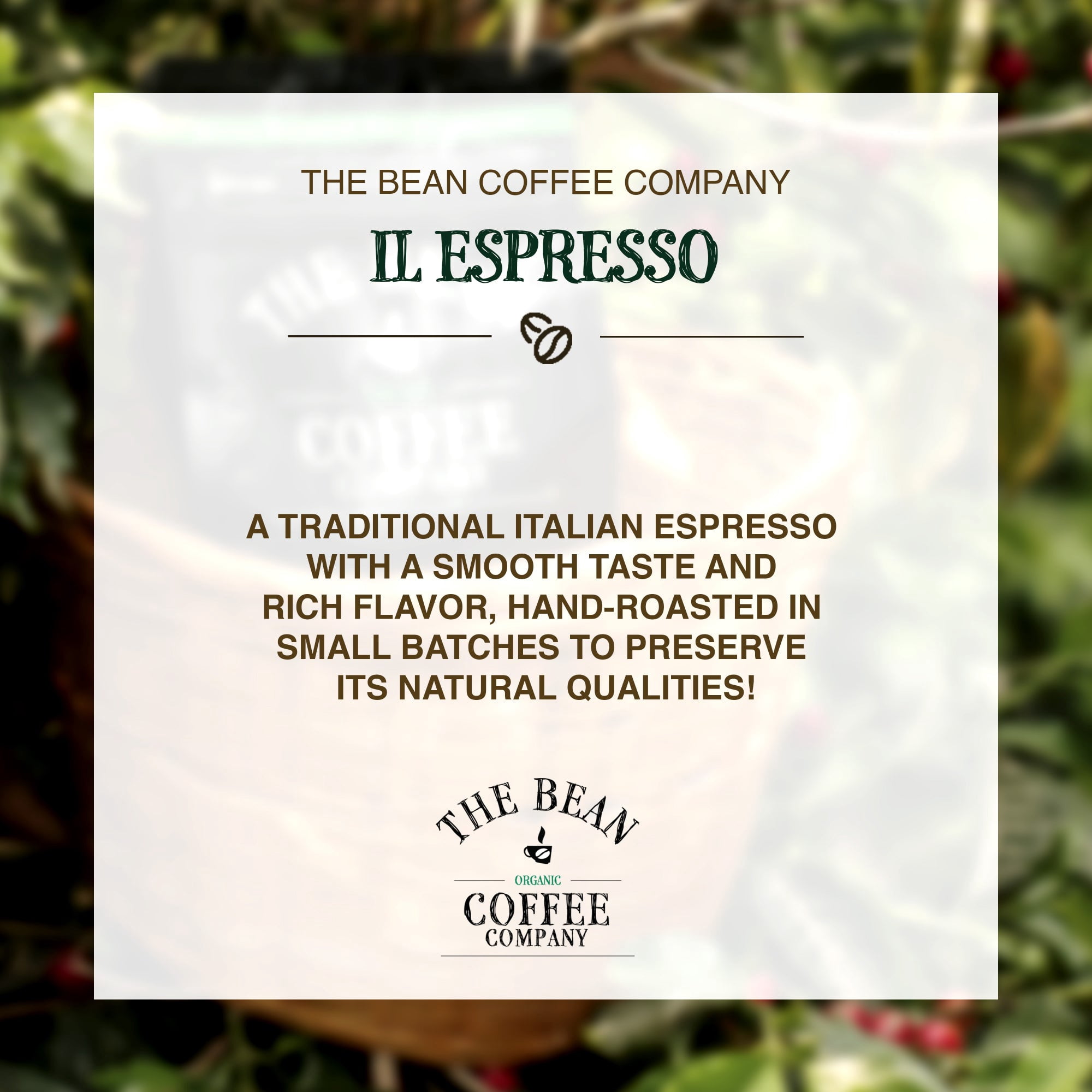 The Bean Organic Coffee Company Il Espresso, Classic Dark Roast, Whole Bean Coffee, 16-Ounce Bag