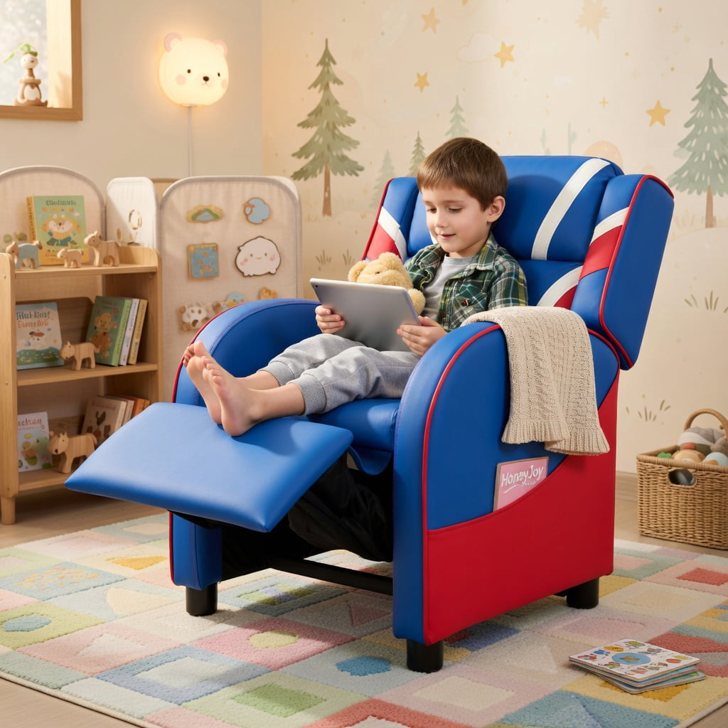 Barara King Kids PU Leather Recliner Chair with Side Pockets, Kids Gaming Sofa Recliner Chair for Living Room, Bedroom, Blue
