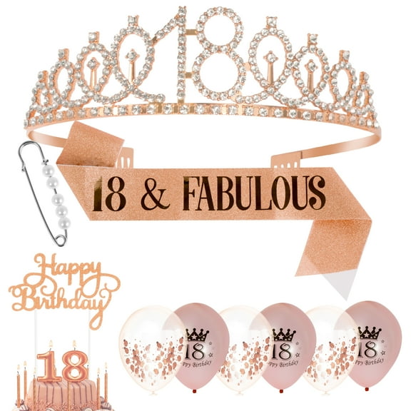 Ikoopy 18th Birthday Sash Crown Set Glitter Girl Birthday Queen Sash Tiara Set with 6 Balloons Decorative Rhinestone Birthday Crown Happy Birthday Cake Topper Party Supplies for Birthday