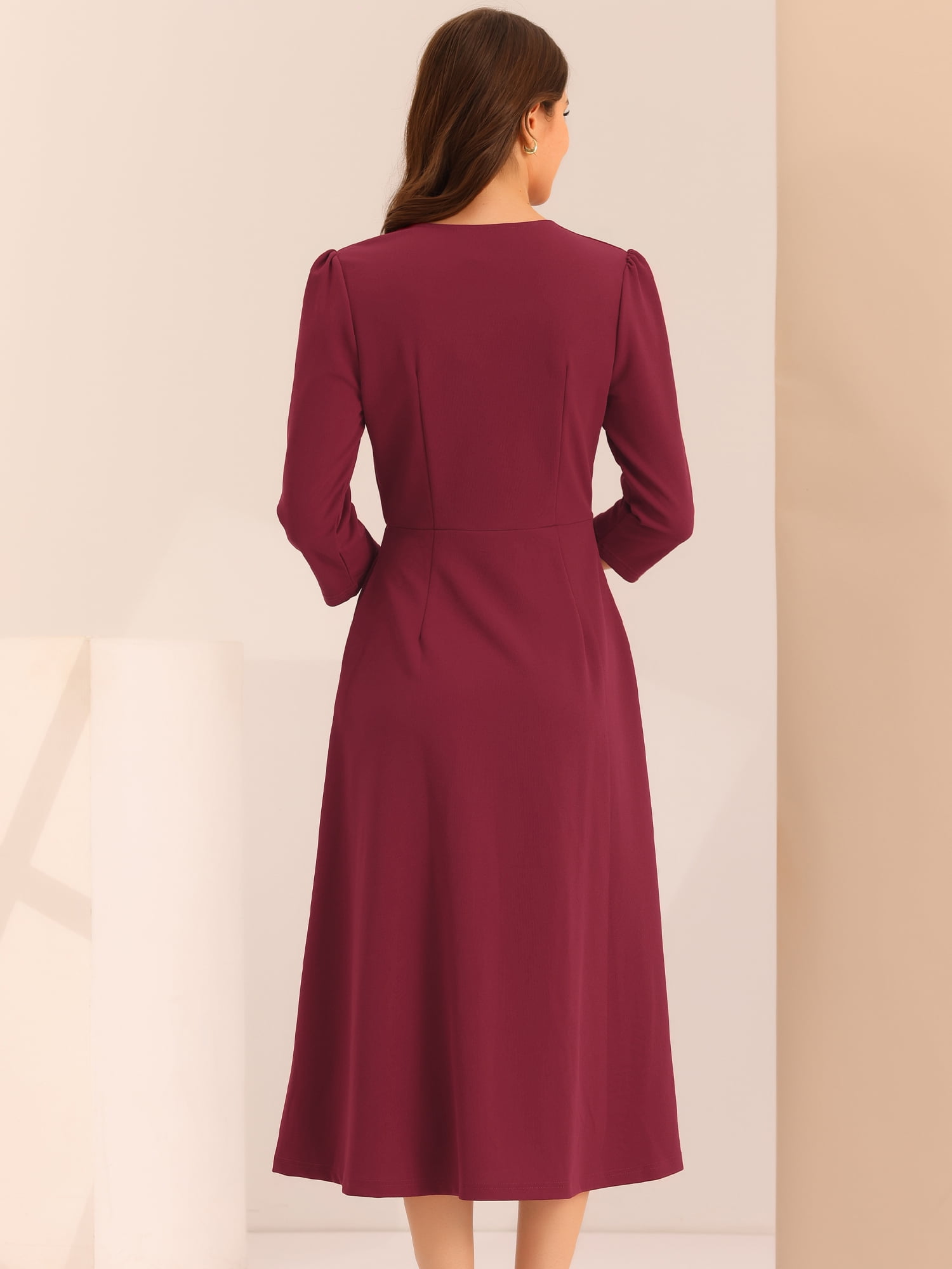 DARING DIVA Work Office Elegant 3/4 Sleeve V Neck A-Line Dress L Burgundy