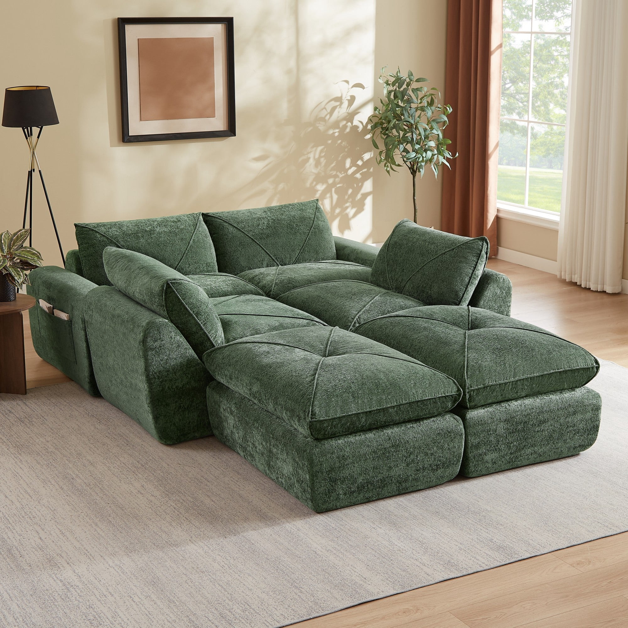 Sailvan Modern Chenille Modular Sectional Sofa with Ottoman,Comfortable Minimalist Living Room Furniture for Families and Apartments Green