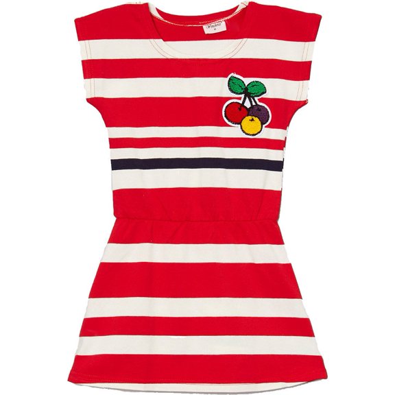 Wenchoice Girl's Red & White Stripe Cherry Cap-Sleeve Dress - M(3T-4T)