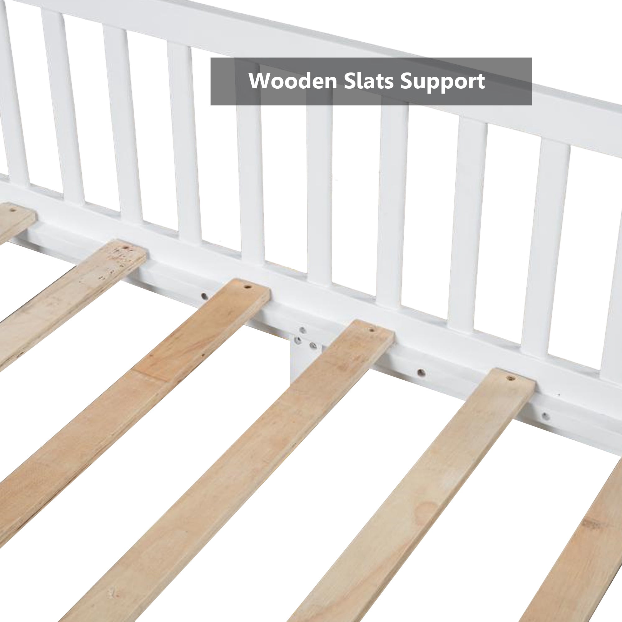Bellemave Full Size Wood House-Shaped Floor Bed with LED Light and Fence Guardrails, Montessori Floor Bed House Bed Frame with Roof  (Full, White)