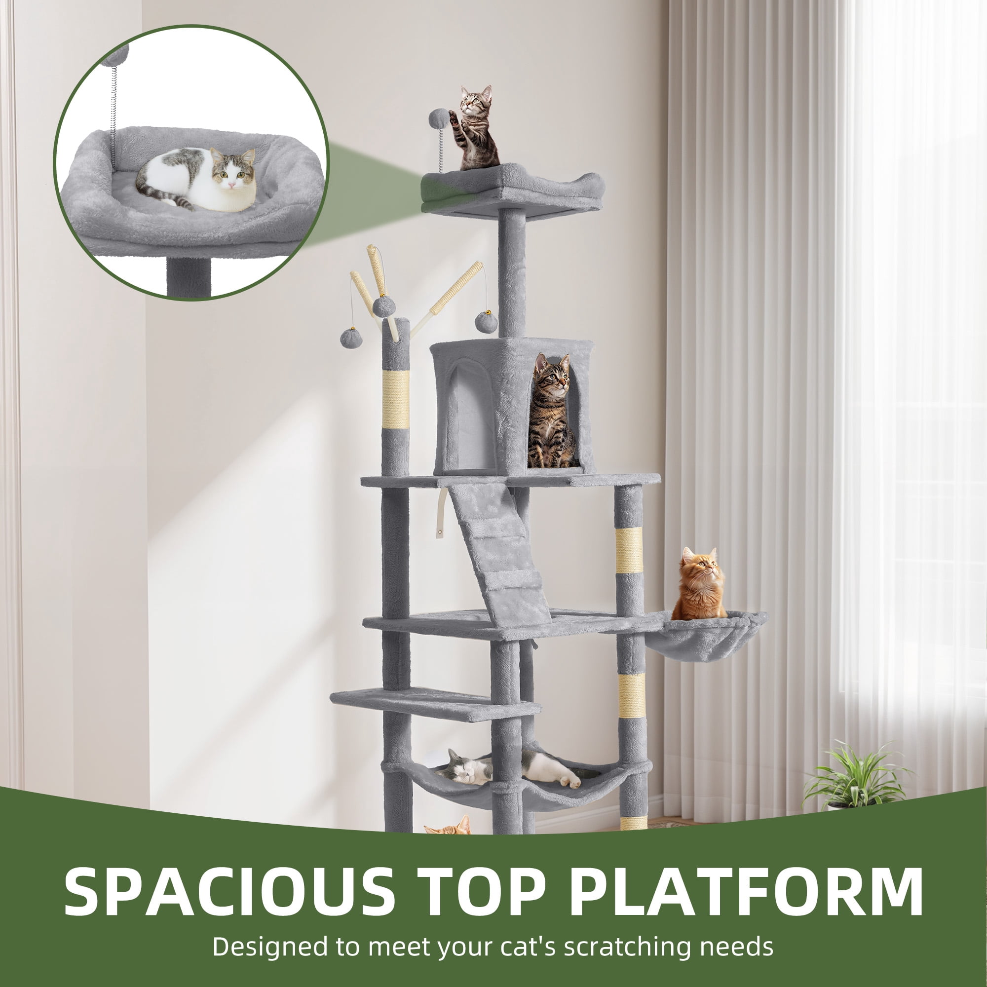 Uforic 64.5" Cat Tree Tower,Multi-Level Play Tower Condo  with Scratching Posts&Perch Hammock for Indoor Cats, Light Gray