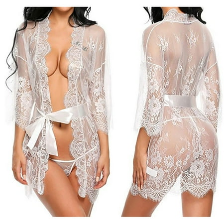 

ERTUTUYI Women s Long Sleeve Lace Belt Lingerie Pajamas Sleepwear