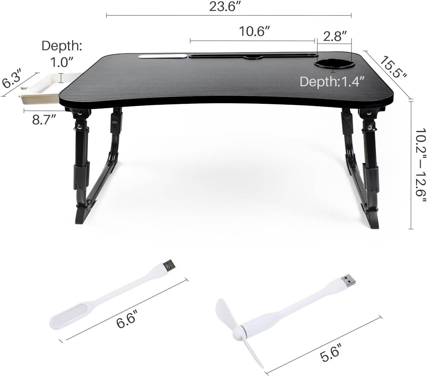 Laptop Desk for Bed, Height Adjustable Laptop Bed Table, Foldable Portable Lap Desk Stand with USB/Storage Drawer/Cup Holder/Slot, Breakfast Tray for Working Reading Writing Eating, White