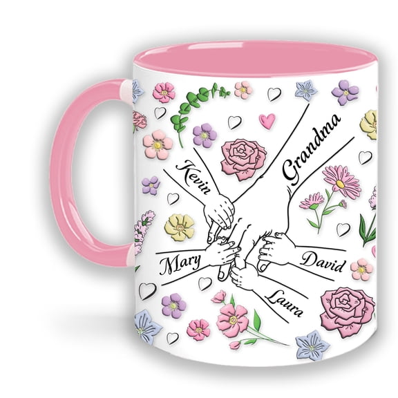 Personalized Grandma Mug Flower, Custom Coffee Cups Gift For Grandma With Hand Kid Name, Unique Nana Mugs on Mother's Day Christmas, Accent Cup Pink 11oz 15oz NQ6208568GM