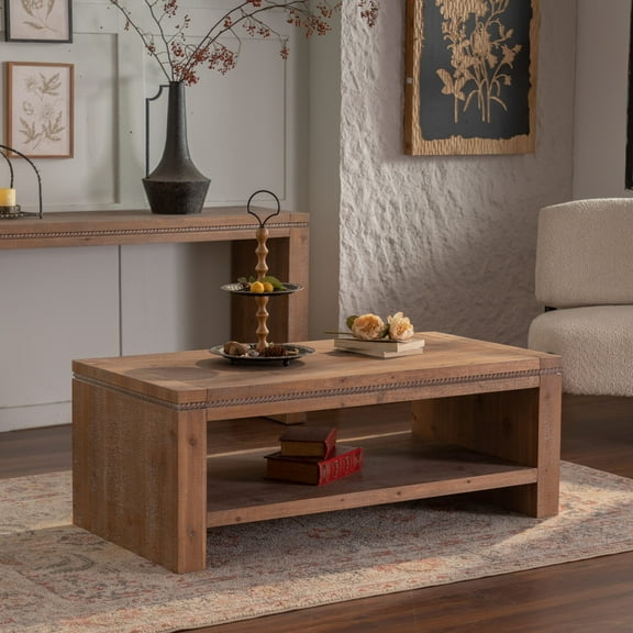 Solid Wood 2-Tier Rustic Coffee Table with Storage Shelf - Space-Saving Design for Living Room, Office, Apartment, Easy Assembly & Low-Maintenance