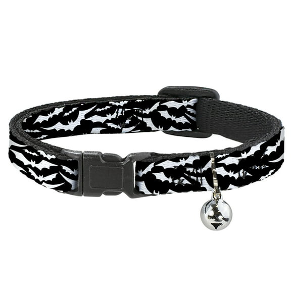 Buckle-Down Cat Collar, Breakaway Collar with Bell, Bats Flying Scattered Black White, 8.5 to 12 Inches 0.5 Inch Wide