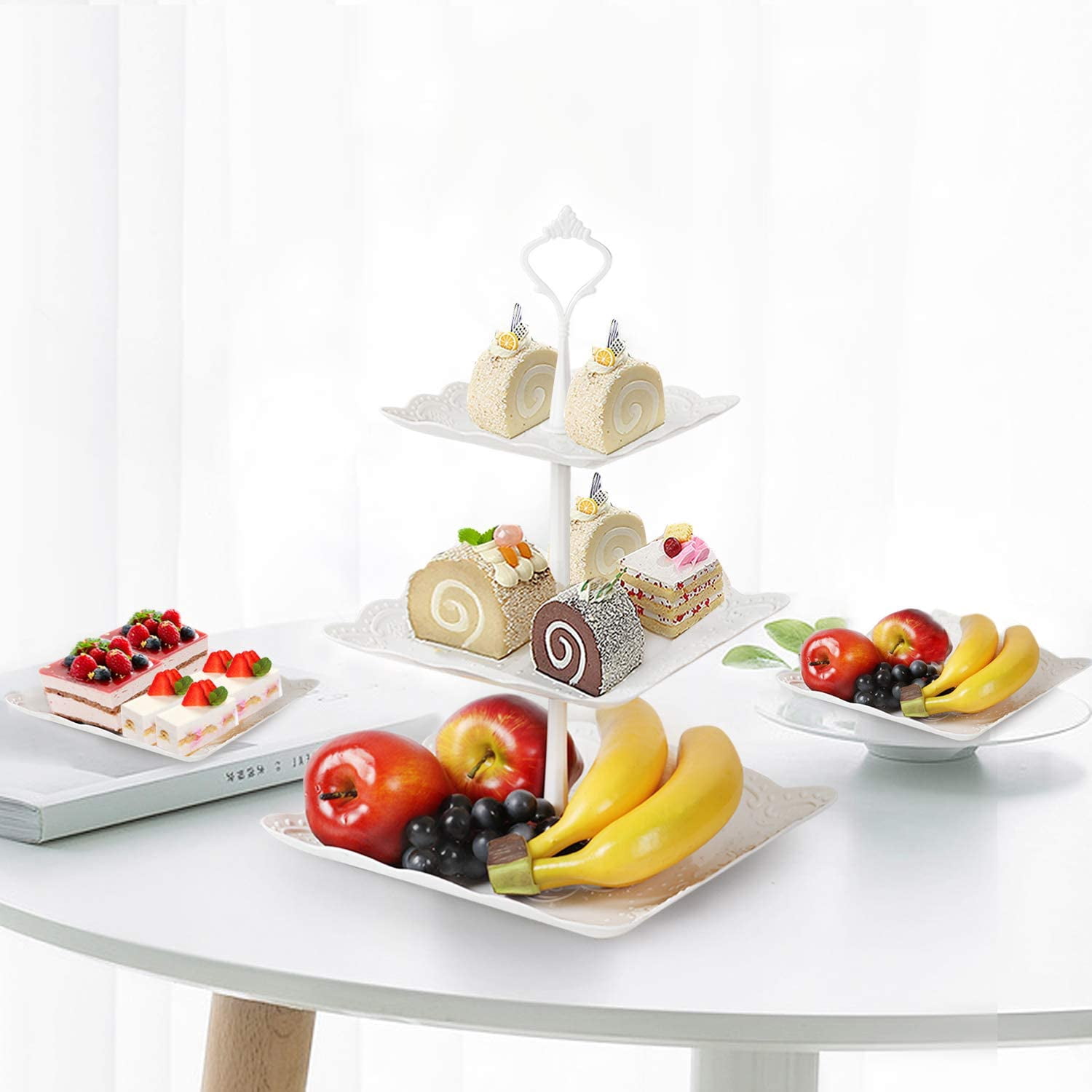 LIANTRAL 3-Tier Cake Stand, 2 Set Cupcake Stand Holder Plastic Dessert Stand Serving White