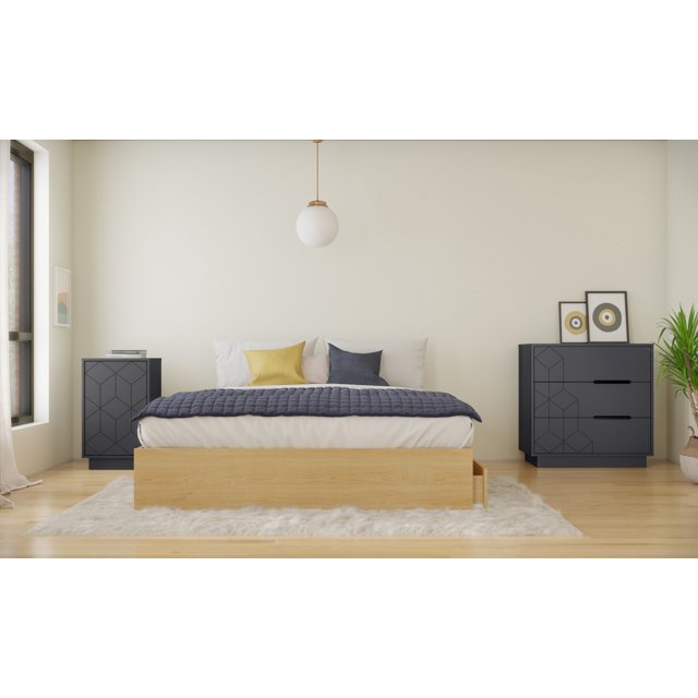Nexera 3-Piece Bedroom Set With Bed Frame, Nightstand And Dresser In Queen|Natural Maple & Charcoal Grey