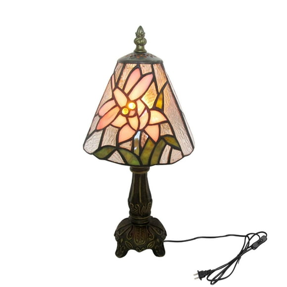 FSLiving Tiffany Style Table Lamp with 5.9ft Plug in Cord Pinkyrose Glass LampShade Vintage Style Desk Light E12 Antique Table Light Decorative for Living-Dining Area Fireplace Accent Bookcase