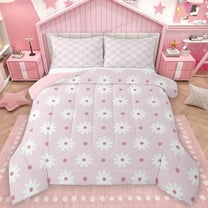Feelyou Girly Pink Flower Queen Comforter Set, Cherry Blossoms Floral Bedding Sets, Kawaii Princess Cartoon Reversible Bedding Comforter Set, Microfiber Bedroom Decor, 3 Pieces