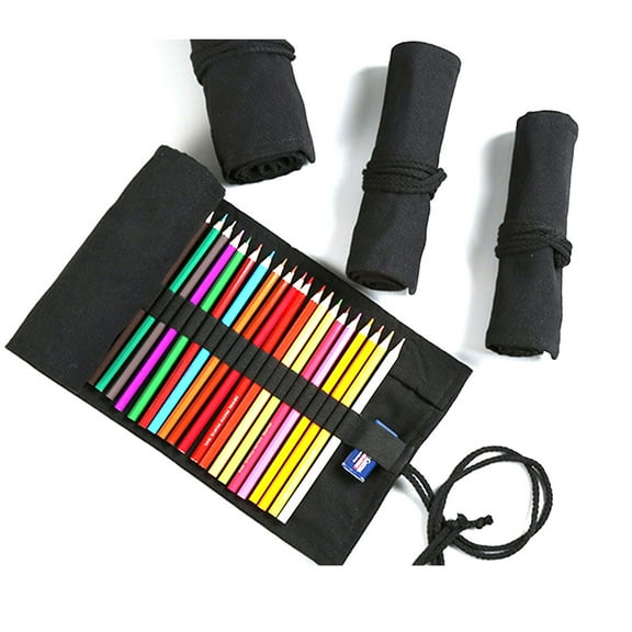 SagaSave Canvas Roll Up Pencil Case Paint Brush Colored Pencils Drawing Pen Pouch Storage 12-72 Holes Black