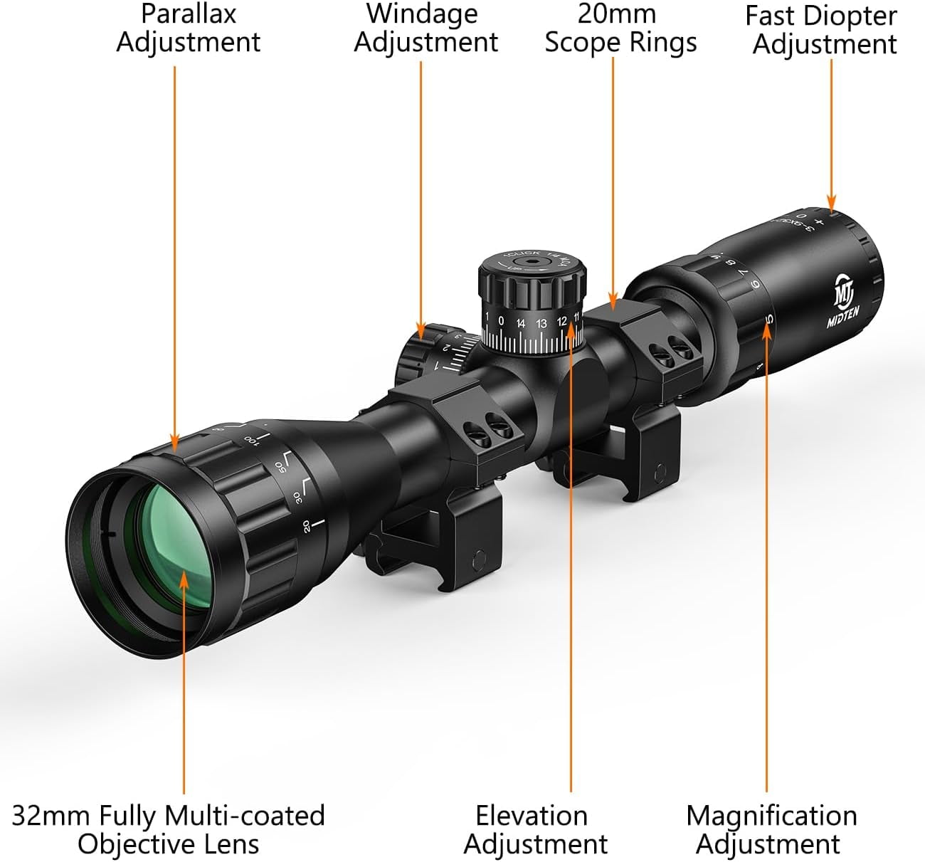 SharpOptics 3-9X32 AO Scope with Locking Turret with 20mm Scope Rings for Hunting,Green