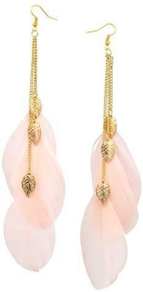 Long Chain Dangle Chandelier Style Three Feather Earrings Sexy Fashion Jewelry (Leaf Pink) - image 2 of 5