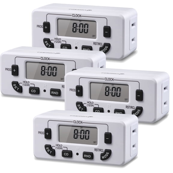 Fosmon [ETL Listed] 7-Day Programmable Digital Outlet Timer, Indoor 2 Prong Plug-In Light Timers with 10 ON/OFF Programs for Electrical Outlets, Lamps, Fans, 4 Pack, 15A/1875W