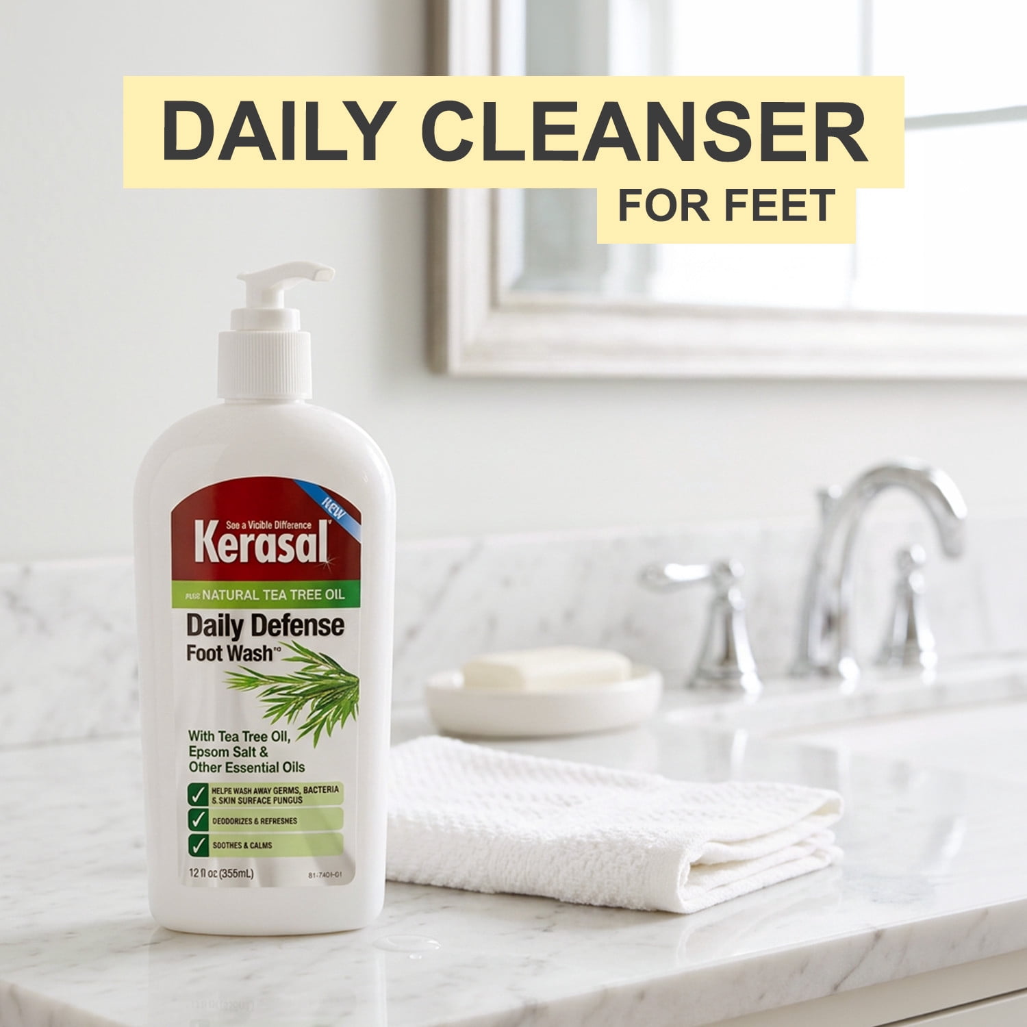 (4 pack) Kerasal Daily Defense Foot Wash Plus Natural Tea Tree Oil, 12 fl oz (355 ml)