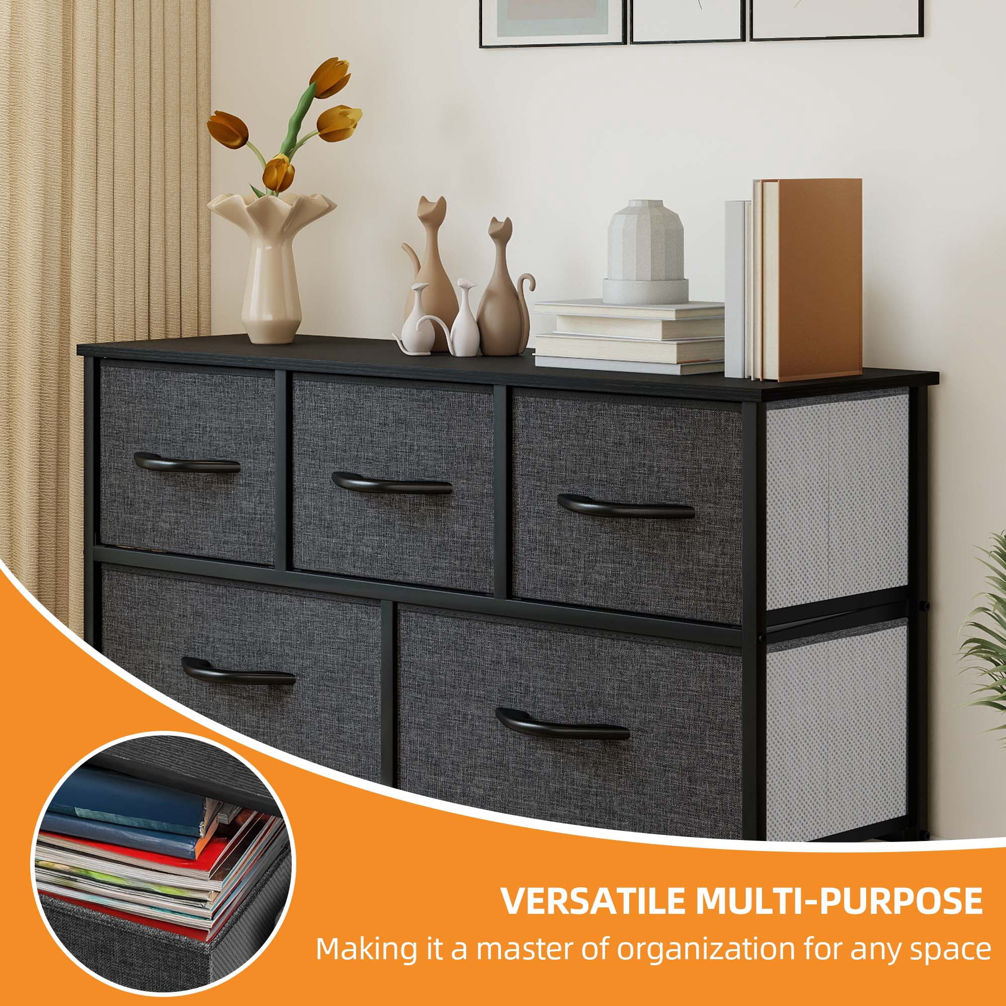 Uforic 5 Drawer Dresser Fabric, Wide Chest Of Drawers With Wood Top for Living Room,,Hallway,Nursery,Black