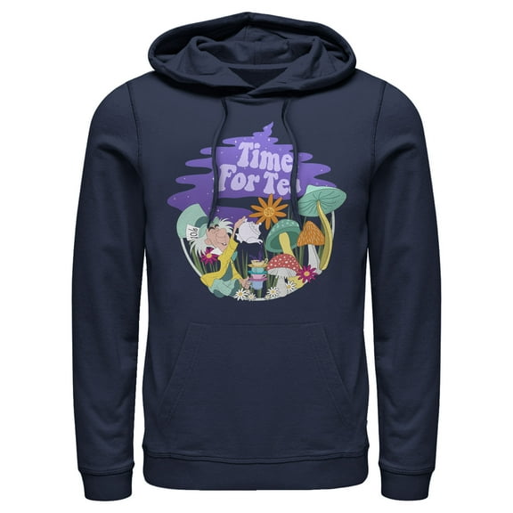 Men's Alice in Wonderland Mad Hatter Time for Tea Pull Over Hoodie Navy Blue Medium