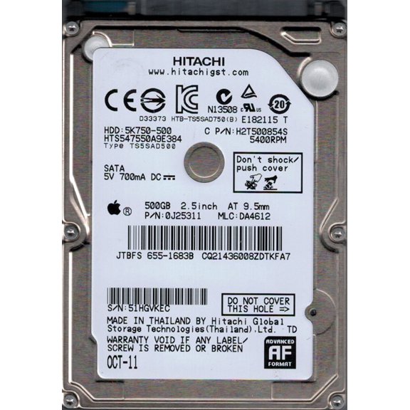 HTS547550A9E384 P/N: 0J25311 MLC: DA4612 MAC 655-1683B Thailand Hitachi 500GB
