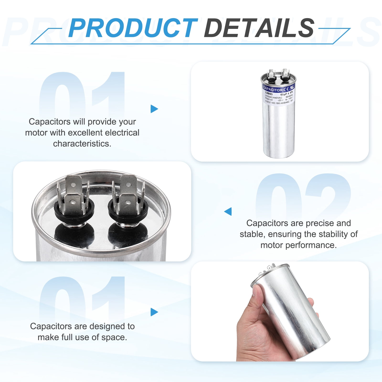 Uxcell 2Pcs 65MFD CBB65 Run Start Capacitor 65uF, 370/440V Round AC Capacitor for AC Motor Run, HVAC, Air Conditioner, Condenser Motors