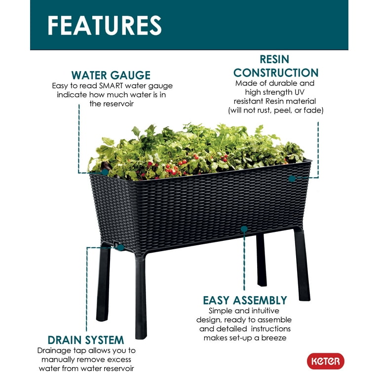 Keter Resin Elevated Garden, All Weather, Self-Watering Plastic Planter, Brown Rattan Keter Resin Elevated Garden, All Weather, Self-Watering Plastic Planter, Brown Rattan