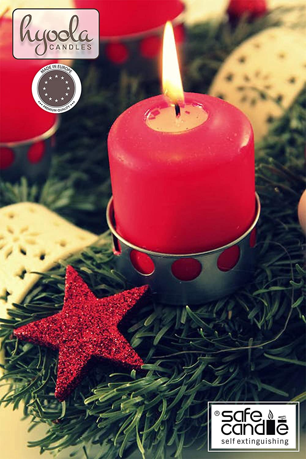 Hyoola 2 x 3 Red Unscented European Made Pillar Candles, Dripless Paraffin Wax with Smokeless Cotton Wicks, 24-Pack