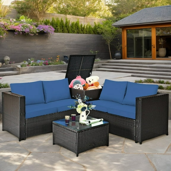 Resenkos 4 Pieces Outdoor Patio Rattan Furniture Set with Cushioned Loveseat and Storage Box-Navy, Patio Seating Conversation Set, Modern Patio Sofa Sectional Proof for Patio Back Deck