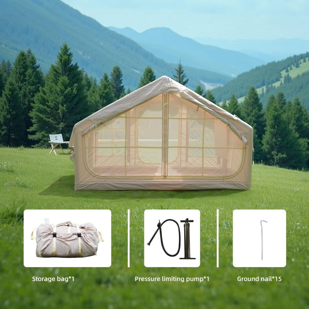 Urday 68 Sq. Ft. Inflatable Camping Tent, Waterproof 4 Season Air Tent with Skylight, 420D Oxford Glamping Tent for Family