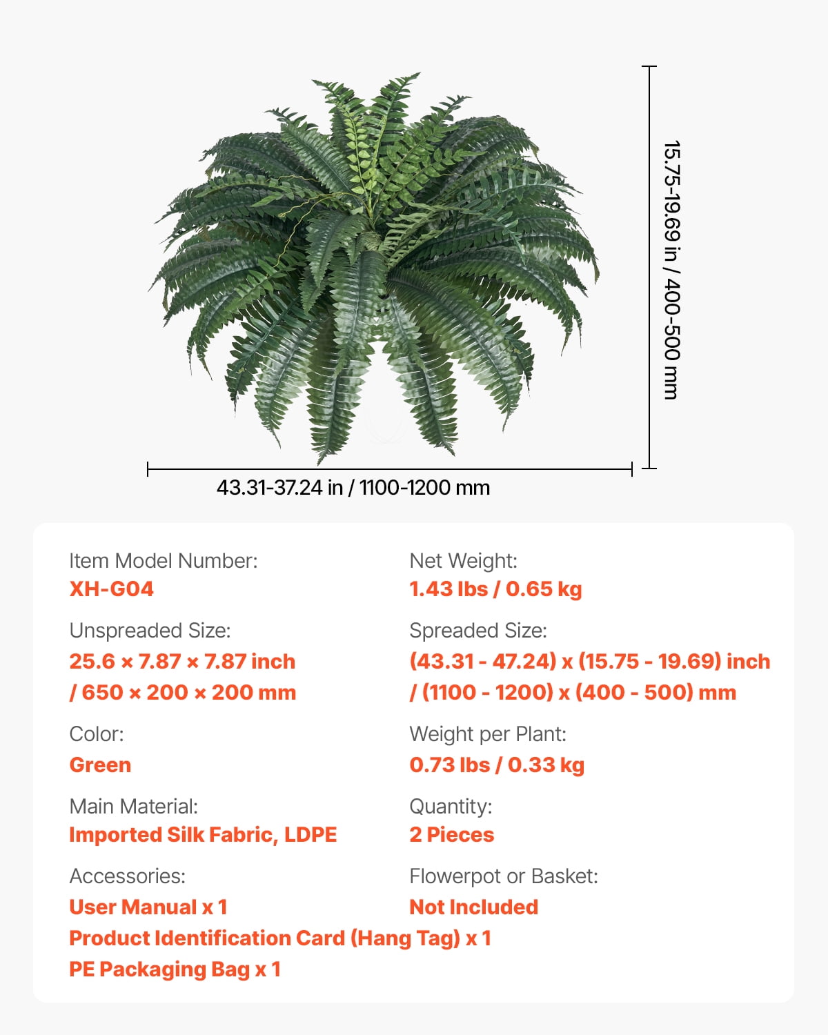 VEVOR Artificial Ferns 2 Pcs, Natural Spread Diameter 43-47 Inch, Large Hanging Artificial Boston Ferns, Fake Plant Wall Decor with 50 Branches, Faux Fern for Home and Office (Flowerpot Unincluded)