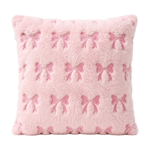 Fluffy Bow Pillow Cover 18x18in, Soft Fuzzy Plush Square Throw Pillow Case with Embroidery Bow, Zipper Decorative Cushion Cover for Bedroom Sofa